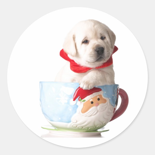 PUPPIEREN IN EINEM CUP CHRISTMAS CARD-UMSCHLAG AUF RUNDER AUFKLEBER (Vorderseite)