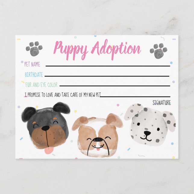 Puppy-Adoption-Karte für Gastgeschenk Postkarte (Vorderseite)
