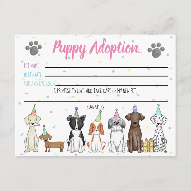 Puppy-Adoption-Karte für Gastgeschenk Postkarte (Vorderseite)
