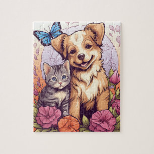 Puppy and Kitten, Butterfly und Blume Spielpuzzle Puzzle