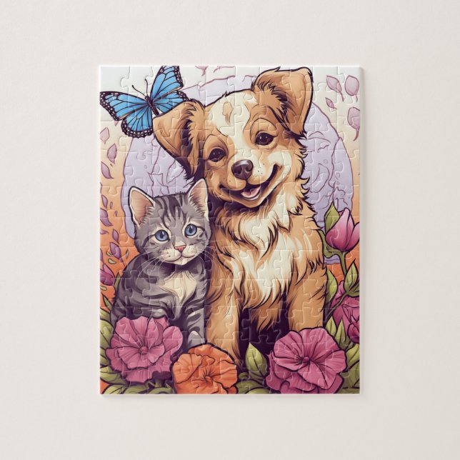 Puppy and Kitten, Butterfly und Blume Spielpuzzle Puzzle (Vertikal)