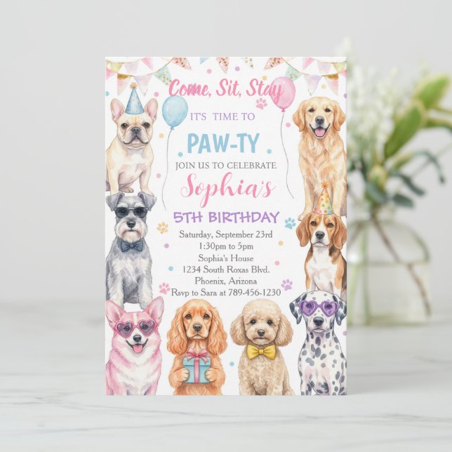 Puppy Birthday Invitation Dog Party Pawty Girl Einladung (Stehend Vorderseite)