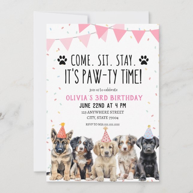 PUPPY BIRTHDAY INVITATION MIRL LET'S PAWTY INVITE EINLADUNG (Vorderseite)