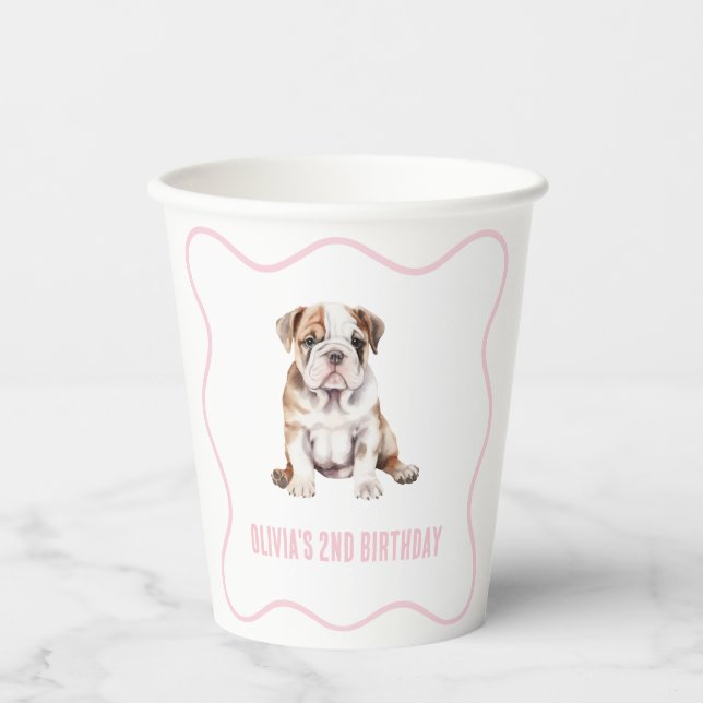 Puppy bulldog preppy pink plaid birthday pappbecher (Vorderseite)