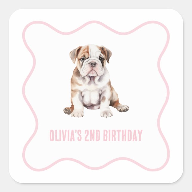 Puppy bulldog preppy pink plaid birthday quadratischer aufkleber (Vorderseite)