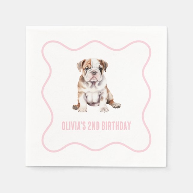Puppy bulldog preppy pink plaid birthday serviette (Vorderseite)