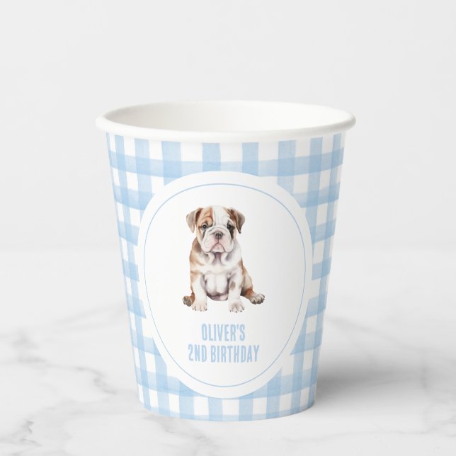 Puppy bulldog preppy plaid birthday pappbecher (Vorderseite)