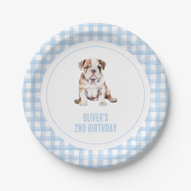 Puppy bulldog preppy plaid birthday pappteller (Vorderseite)