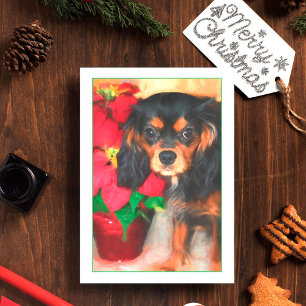 Puppy Cavalier King Charles Poinsettia Card Feiertagskarte