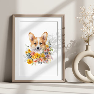 Puppy Corgi Wasserfarbe Blume Poster