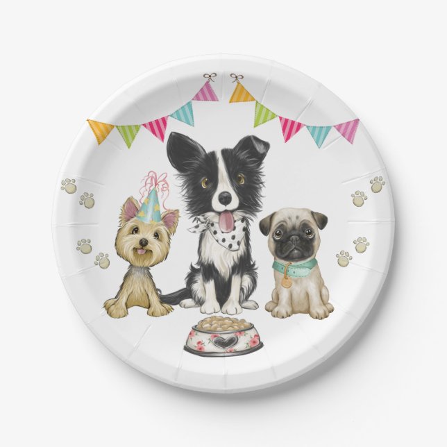 Puppy Dog Pawty Pug Border Collie Yorki Birthday Pappteller (Vorderseite)