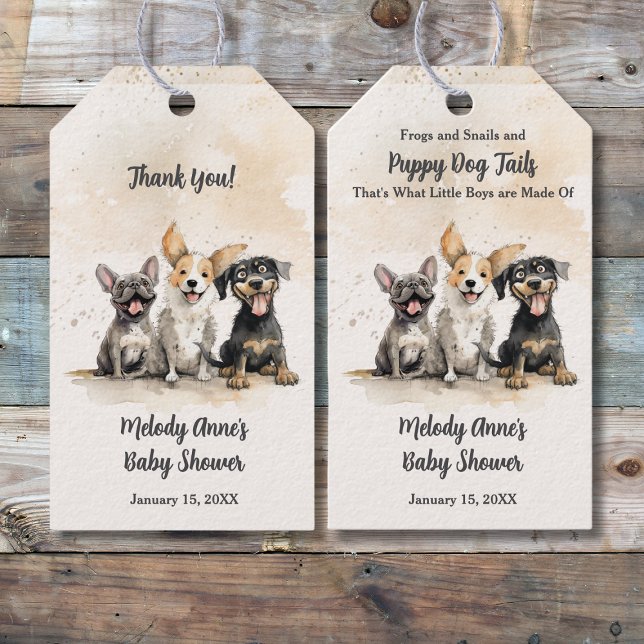 Puppy Dog Schwanzes Baby Boy Baby Shooter Geschenkanhänger (Puppy Dog Tails Baby Boy Baby Shower Favor Tag with Watercolor Puppies, Shower Details.)