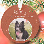 Puppy First Christmas Border Collie Dog Foto Ornament<br><div class="desc">Welpe First Weihnachtsborder Collie Hund Foto Ornament. Trendy weiße Skripte auf einem dunkelorangen Hintergrund mit Schneeflocken. Benutzerdefiniertes Foto in einem runden Rahmen. Fügen Sie Ihrem Hund Foto,  Name und Jahr.</div>