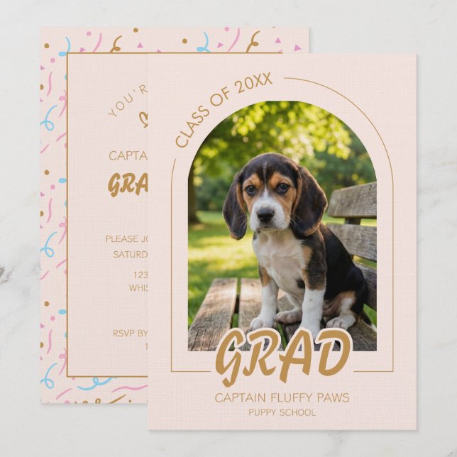 Puppy Graduation Blush Pink Gold Modern Photos Einladung (Vorne/Hinten)