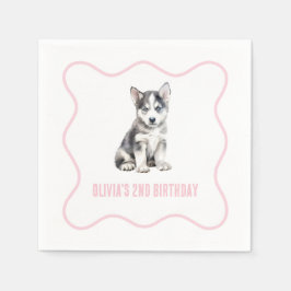 Puppy husky preppy pink plaid birthday serviette