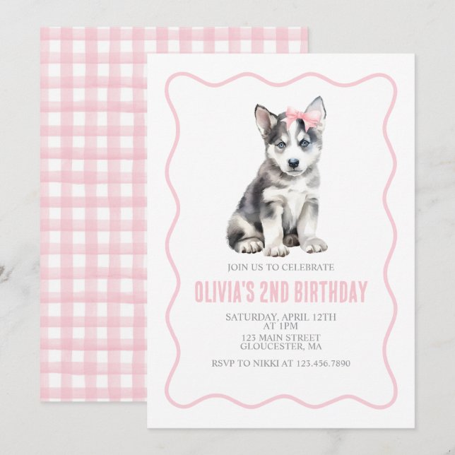 Puppy husky preppy plaid birthday invitation einladung (Vorne/Hinten)