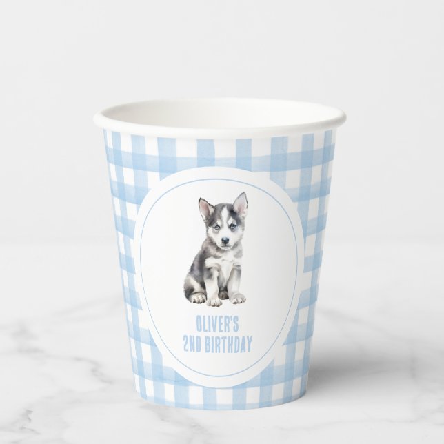 Puppy husky preppy plaid birthday pappbecher (Vorderseite)