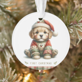 Puppy in Patchwork Sweater & Santa Hat Ornament
