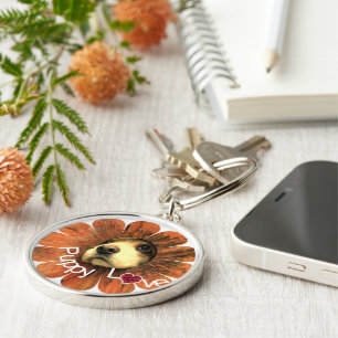 Puppy-Liebe-Peeking aus einer Blume Schlüsselanhänger