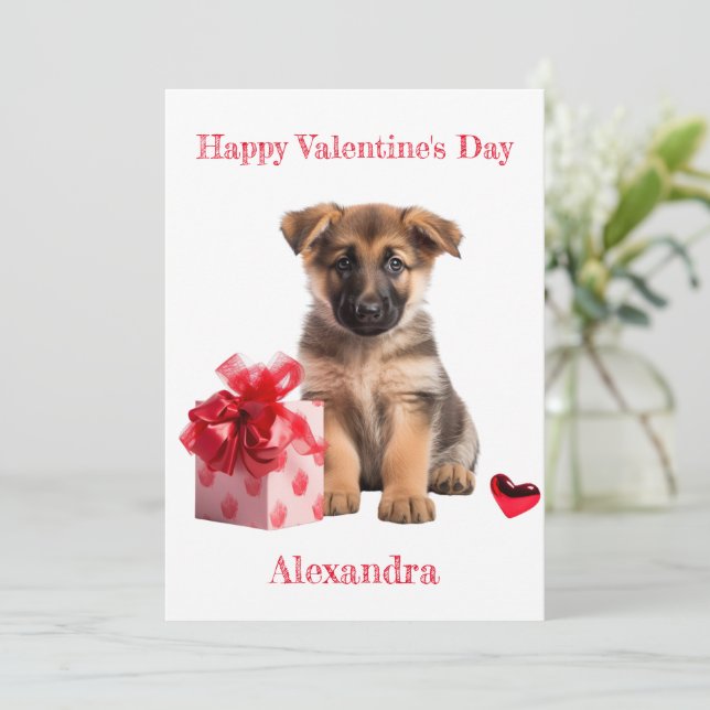 Puppy mit Geschenk Valentine Feiertagskarte (Stehend Vorderseite)