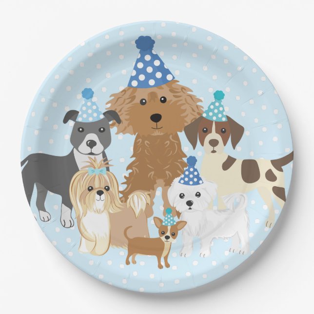 Puppy Party Blue Paper Plate for Kids Birthday  Pappteller (Vorderseite)