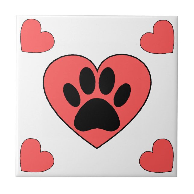 Puppy Paw Print und Red Hearts Muster Fliese (Vorderseite)