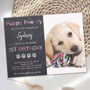 Puppy Pawty Chalkboard Pink Hund Geburtstag Einladungspostkarte