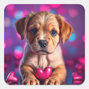 Puppy Pink Hearts Quadratischer Aufkleber