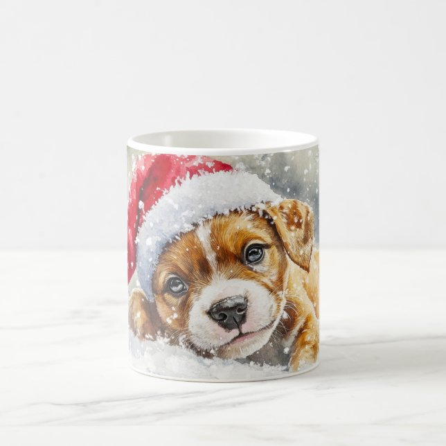 Puppy-Play mit Weihnachtsmannmütze - Aquarell Kaffeetasse (Mittel)