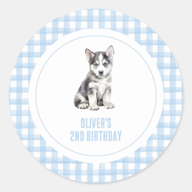 Puppy preppy plaid birthday runder aufkleber (Vorderseite)