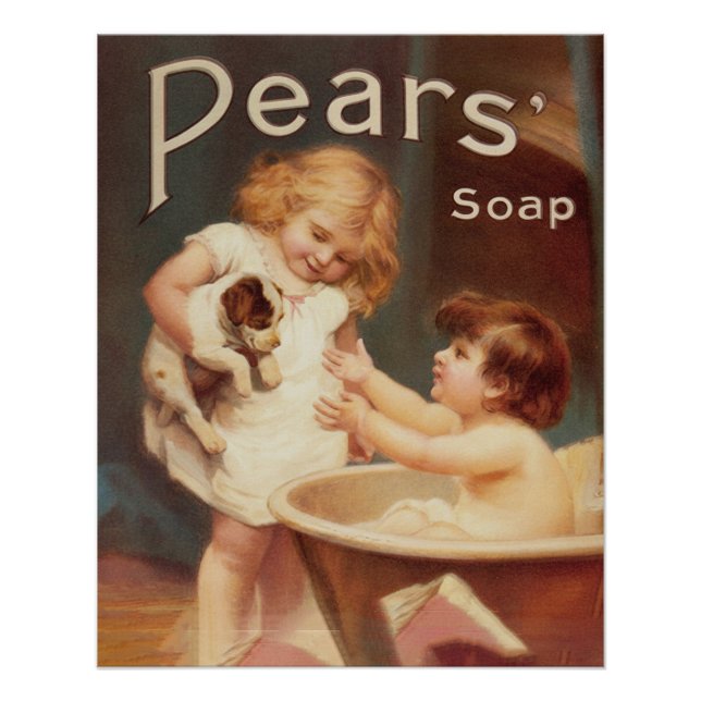 Puppy Taking A Bath Vintage Antique Poster (Vorderseite)