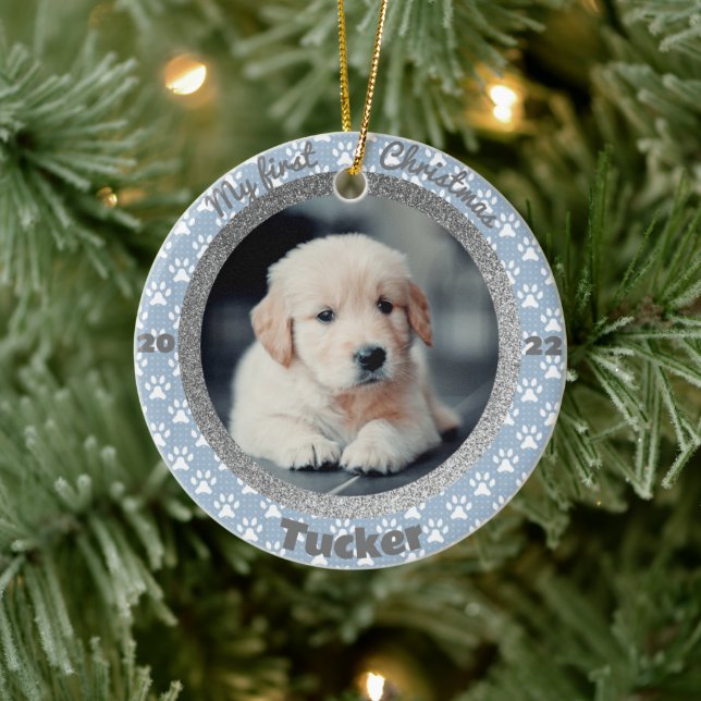 Puppy's First Christmas Foto Blue Paw Print Keramik Ornament (Baum)