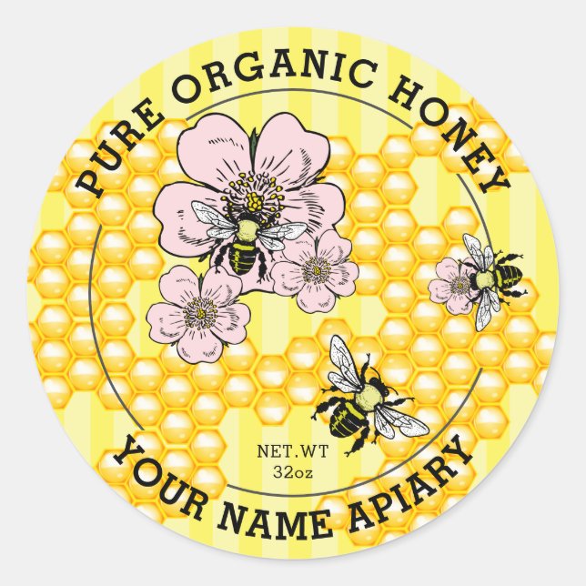 Pure Honey Jar Labels | Honigbiene Runder Aufkleber (Vorderseite)