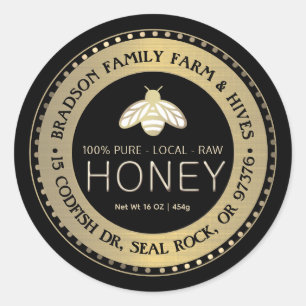 PURE LOCAL RAW HONEY Label mit stilisierten Goldbi Runder Aufkleber