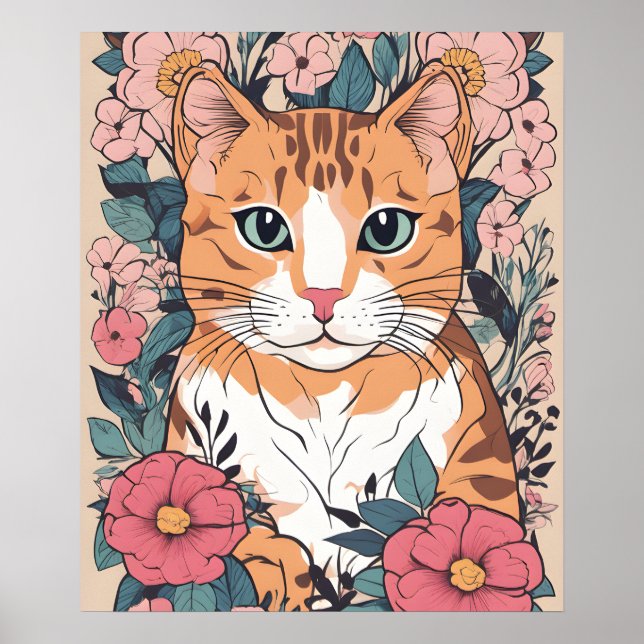 Purfect Cat Feline Floral Art, Cat Blume Art Poster (Vorne)