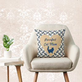 Purfect Cat Mama Blau und Gold Herz und Blumen Kissen