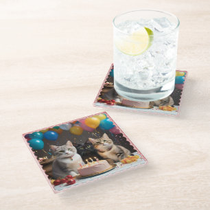 Purfect Celebration: Geburtstagsparty einer Katze, Glasuntersetzer