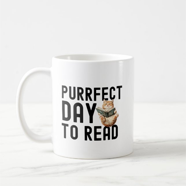 Purffect Day zum Lesen des lustigen Bookworm Cat Q Kaffeetasse (Links)