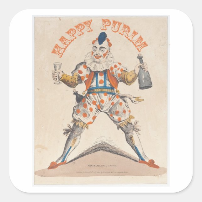 Purim. Glücklicher Clown. Lechaim Quadratischer Aufkleber (Vorderseite)
