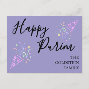 Purim-Lila-Neonpartyhut Mishloach Manot Name Postkarte