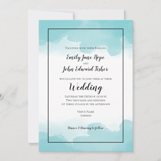 Purist Blue Aquamarin Watercolor Line Border Weddi Einladung (Vorderseite)