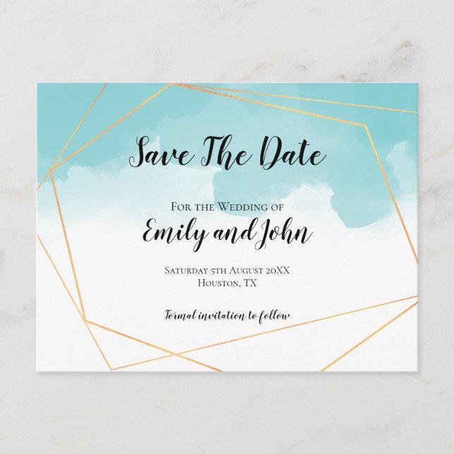 Purist Blue Wassercolor Geometric Save the Date Postkarte (Vorderseite)