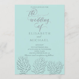 Puristisch blau mit romantischer Korallenkalligrap Einladung