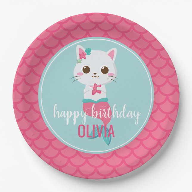 Purmaid Meerjungfrau Kitty Pink Scales Geburtstag Pappteller (Vorderseite)