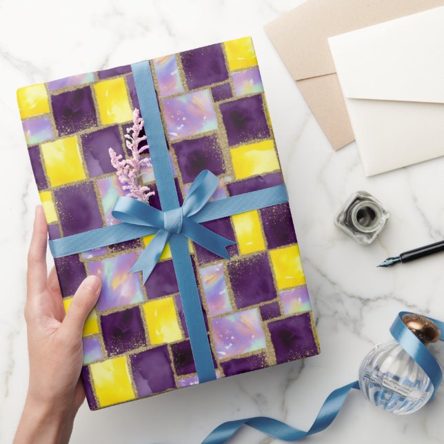 Purpel und Gelb | Moderne Imitate Glitzer & Opal Geschenkpapier (Schenken)