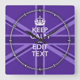 Purple Accent Keep Calm And Your Text Union Jack Quadratische Wanduhr
