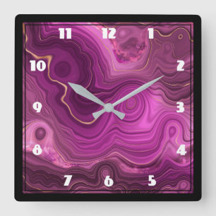 Purple Amethyst and Gold Abstract Agate Large Cloc Quadratische Wanduhr