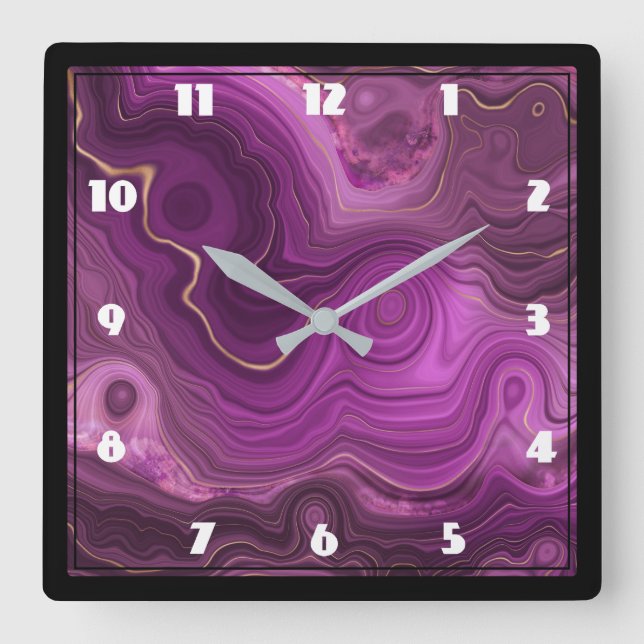 Purple Amethyst and Gold Abstract Agate Large Cloc Quadratische Wanduhr (Vorderseite)