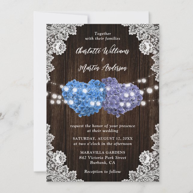 Purple and Blue Floral Hearts Wood Lace Wedding Einladung (Vorderseite)