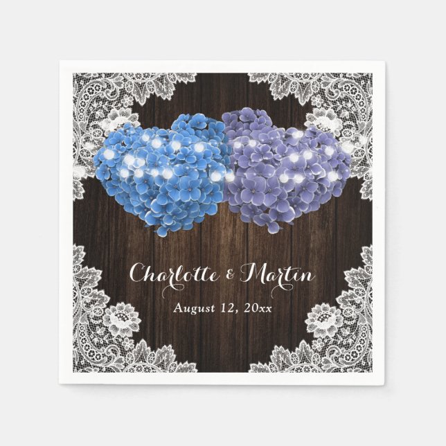 Purple and Blue Floral Hearts Wood Lace Wedding Serviette (Vorderseite)